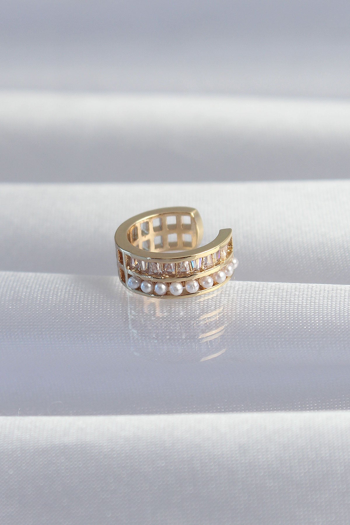 Brass Gold Color Pearl Baguette Stone Earcuff Earrings