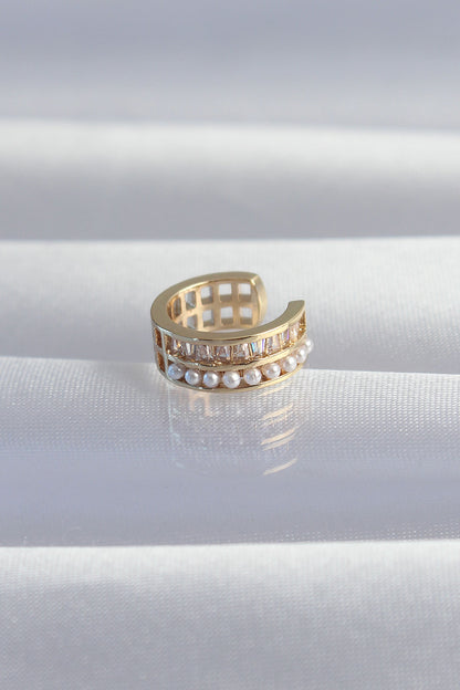 Brass Gold Color Pearl Baguette Stone Earcuff Earrings