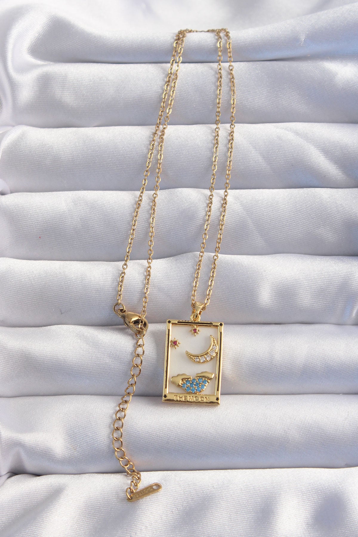 316L Steel Chain Gold Color Moon Detail Blue Zircon Stone Tarot Necklace