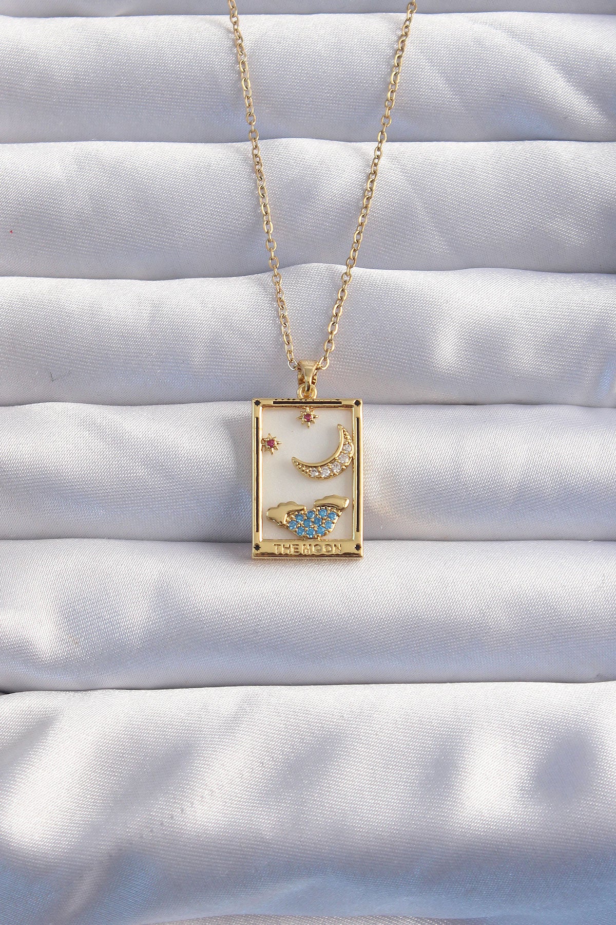 316L Steel Chain Gold Color Moon Detail Blue Zircon Stone Tarot Necklace