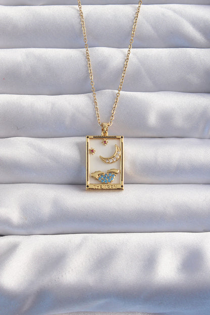 316L Steel Chain Gold Color Moon Detail Blue Zircon Stone Tarot Necklace