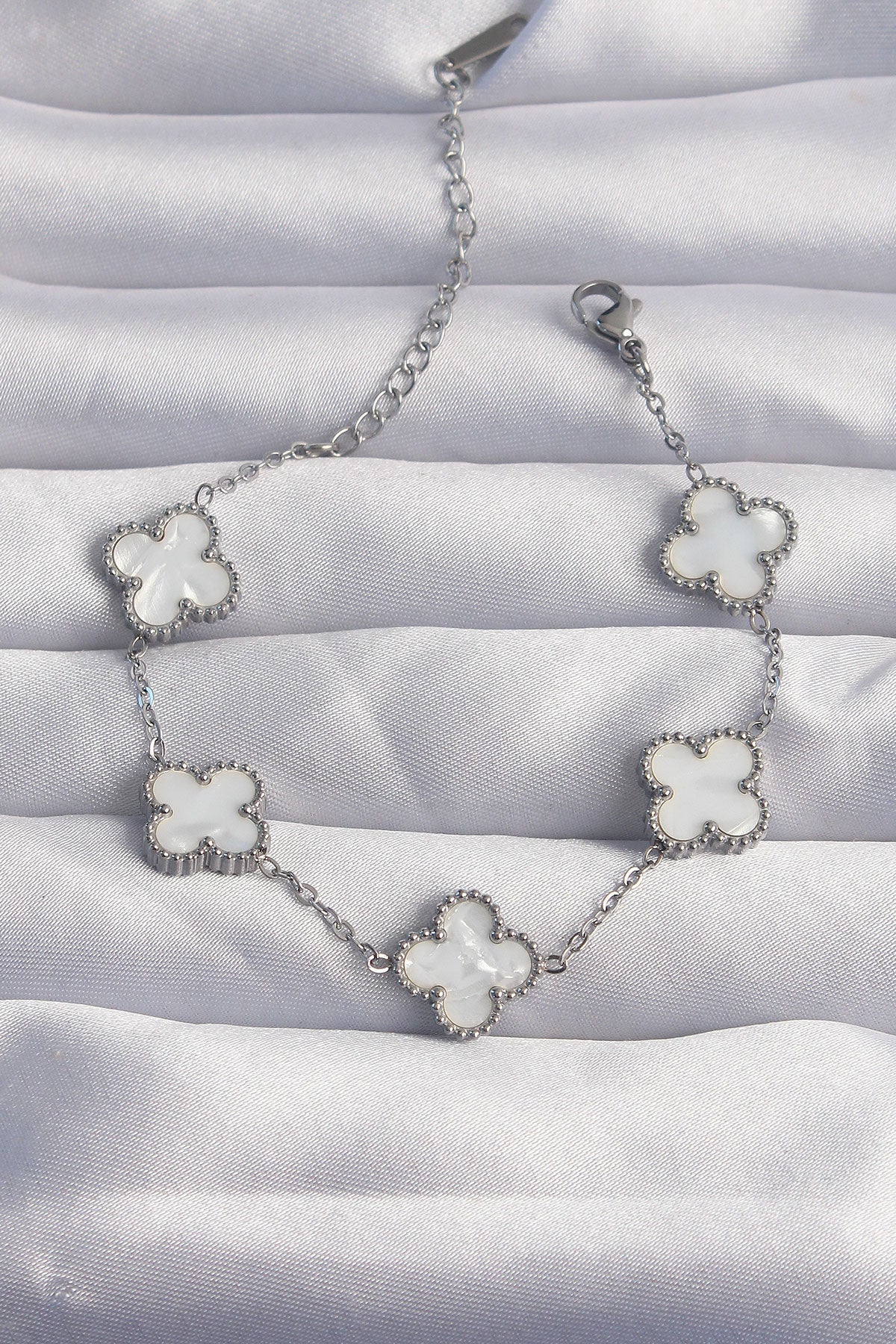 316L Steel Silver Color White Pearl Clover Bracelet