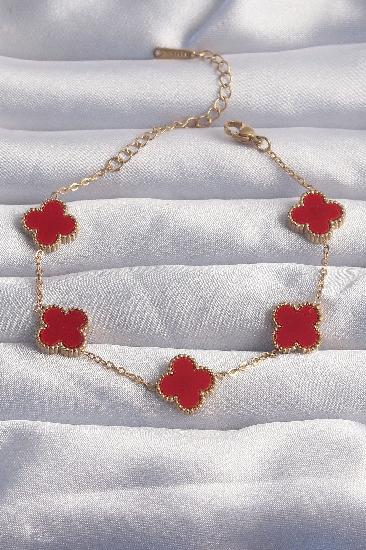316L Steel Gold Color Red Enamel Clover Bracelet