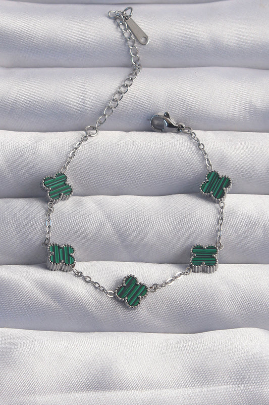 316L Çelik Baby Boy Gümüş Renk Çizgili Yeşil Mineli Yonca Bileklik