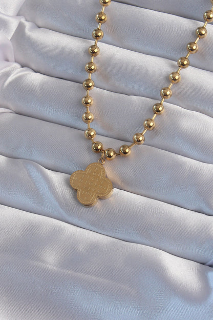 Gold Color Embroidered Clover Model Necklace with 316L Steel Ball Chain