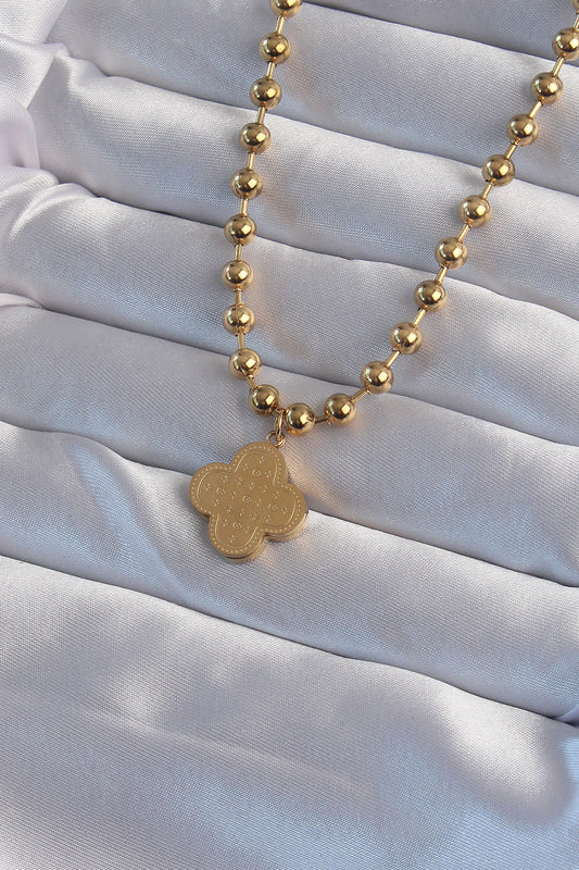 Gold Color Embroidered Clover Model Necklace with 316L Steel Ball Chain