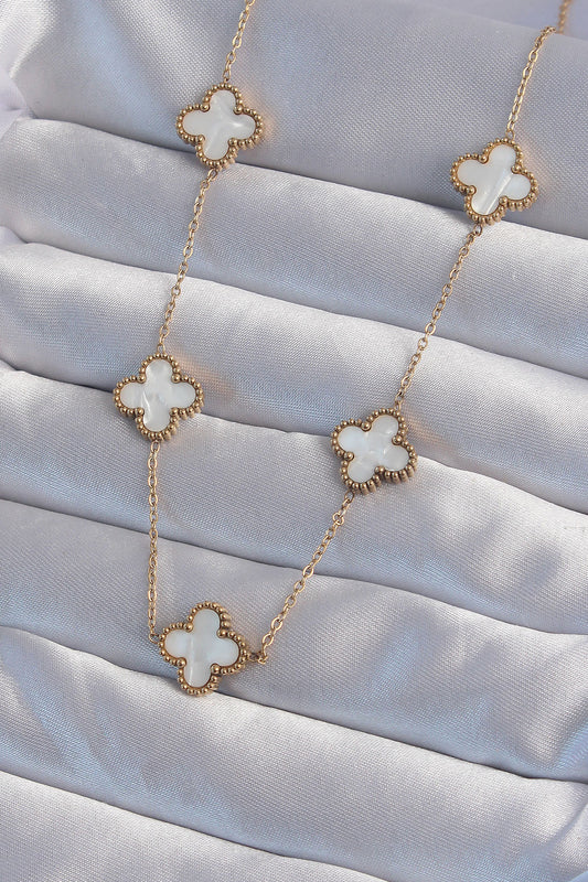 316L Steel Gold Color White Mother-of-Pearl Clover Necklace