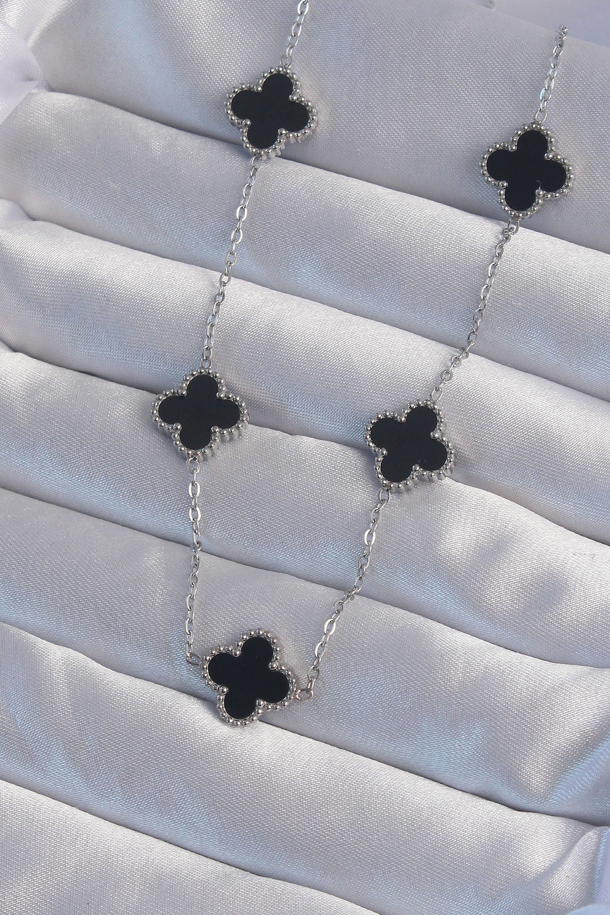 316L Steel Silver Color Black Enamel Clover Necklace