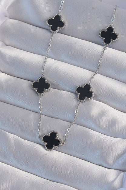 316L Steel Silver Color Black Enamel Clover Necklace