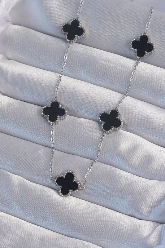 316L Steel Silver Color Black Enamel Clover Necklace
