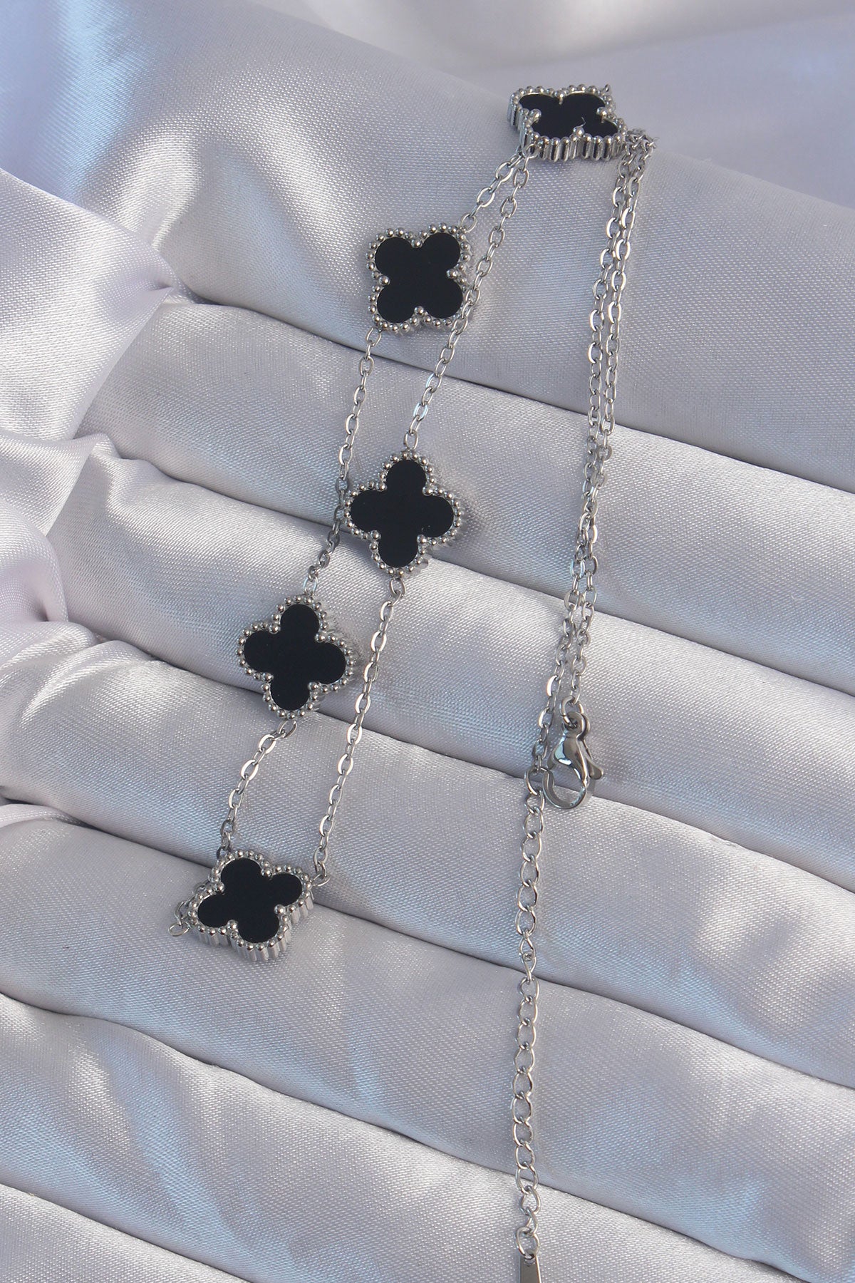 316L Steel Silver Color Black Enamel Clover Necklace