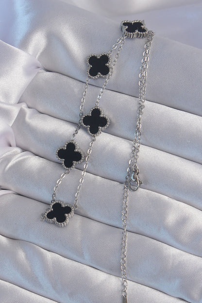 316L Steel Silver Color Black Enamel Clover Necklace