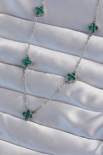 316L Steel Silver Color Minimal Green Enamel Clover Necklace