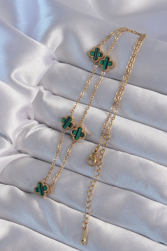316L Steel Gold Color Minimal Green Enamel Clover Necklace