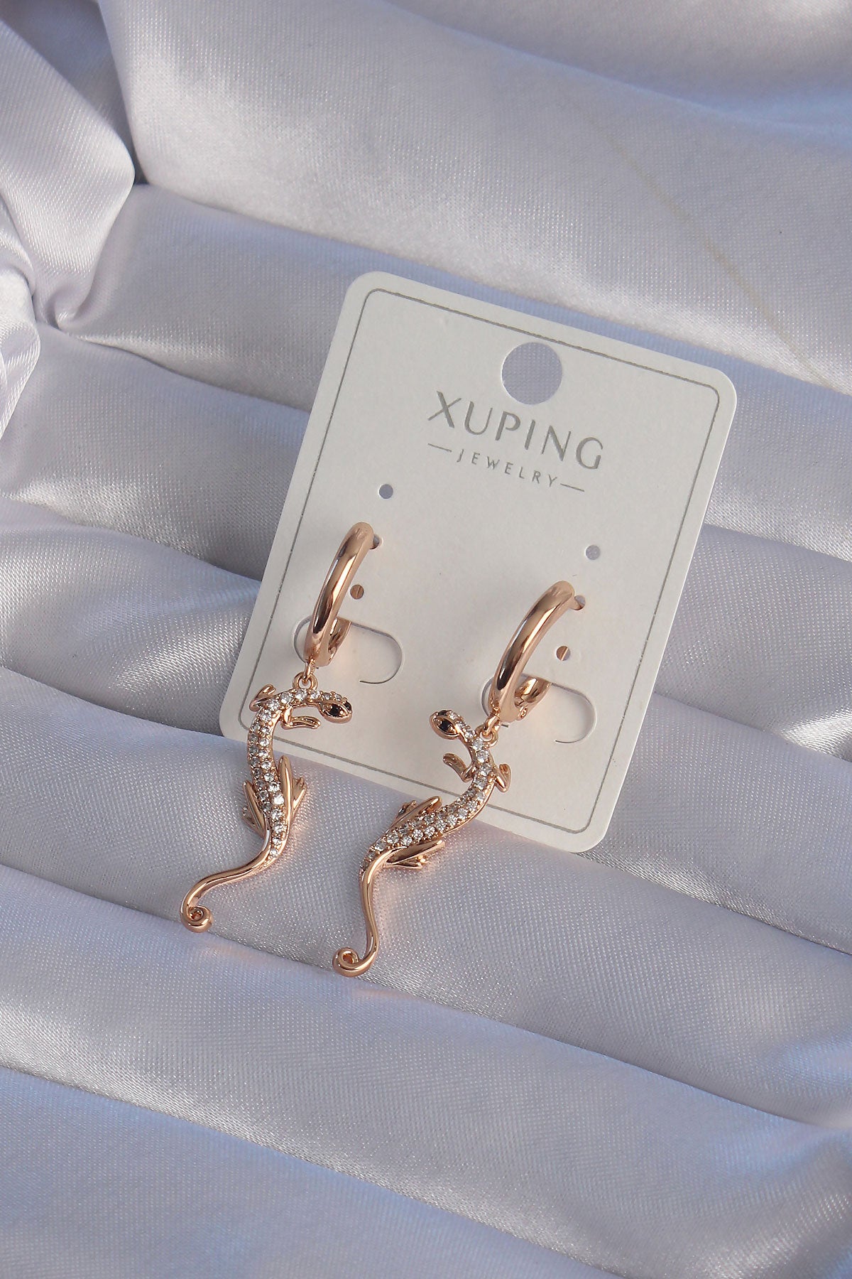 XUPING Rose Color Zircon Stone Lizard Model Hoop Earrings