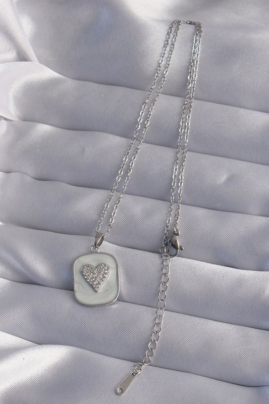 316L Steel Chain Marble Patterned Silver Color Zircon Stone Heart Model Necklace