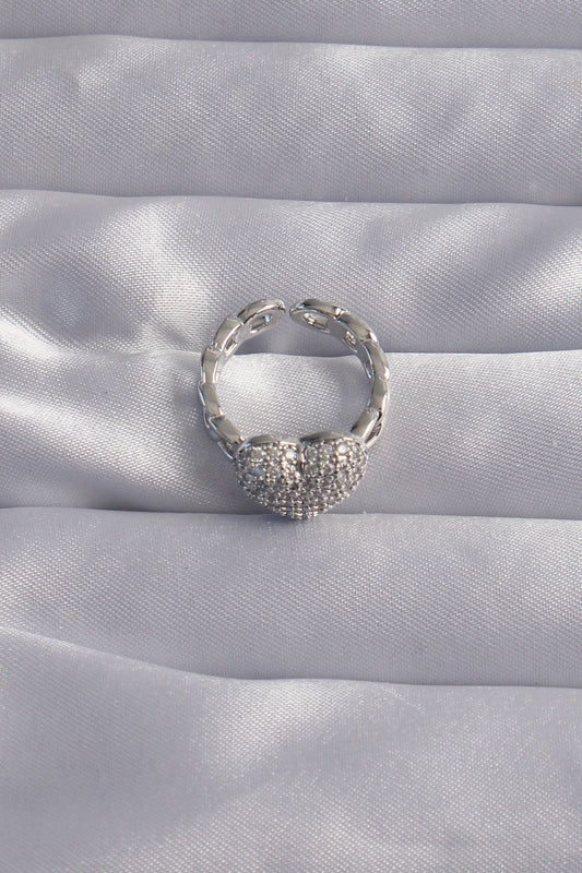 Brass-Adjusted Silver Color Zircon Stone Domed Heart Ring