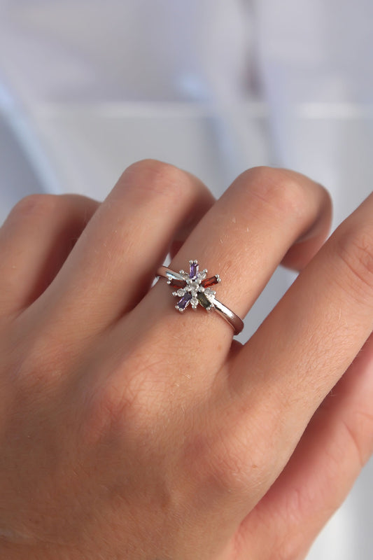 Brass Silver Color Colorful Zircon Stone Adjustable Ring