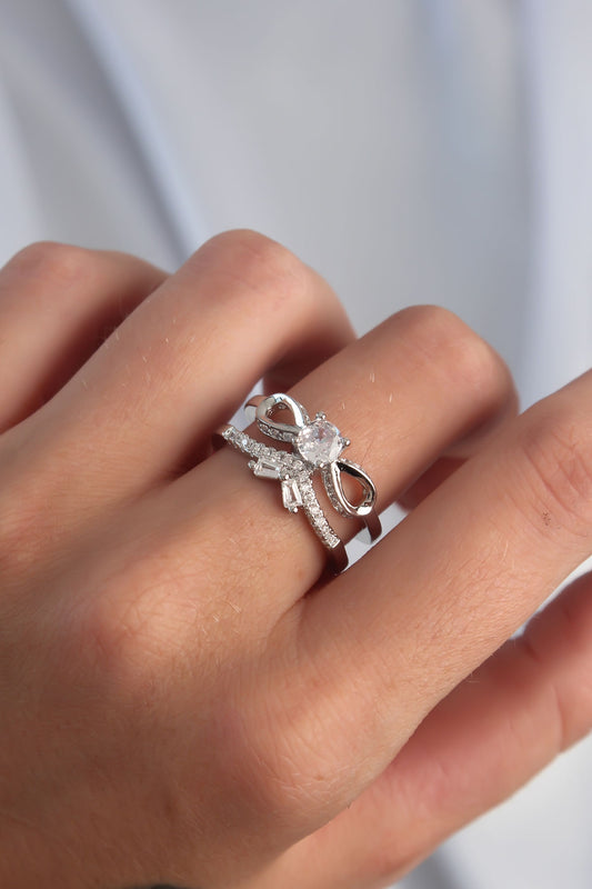 Brass Adjusted Silver Color Zircon Stone 2-Piece Bow Ring