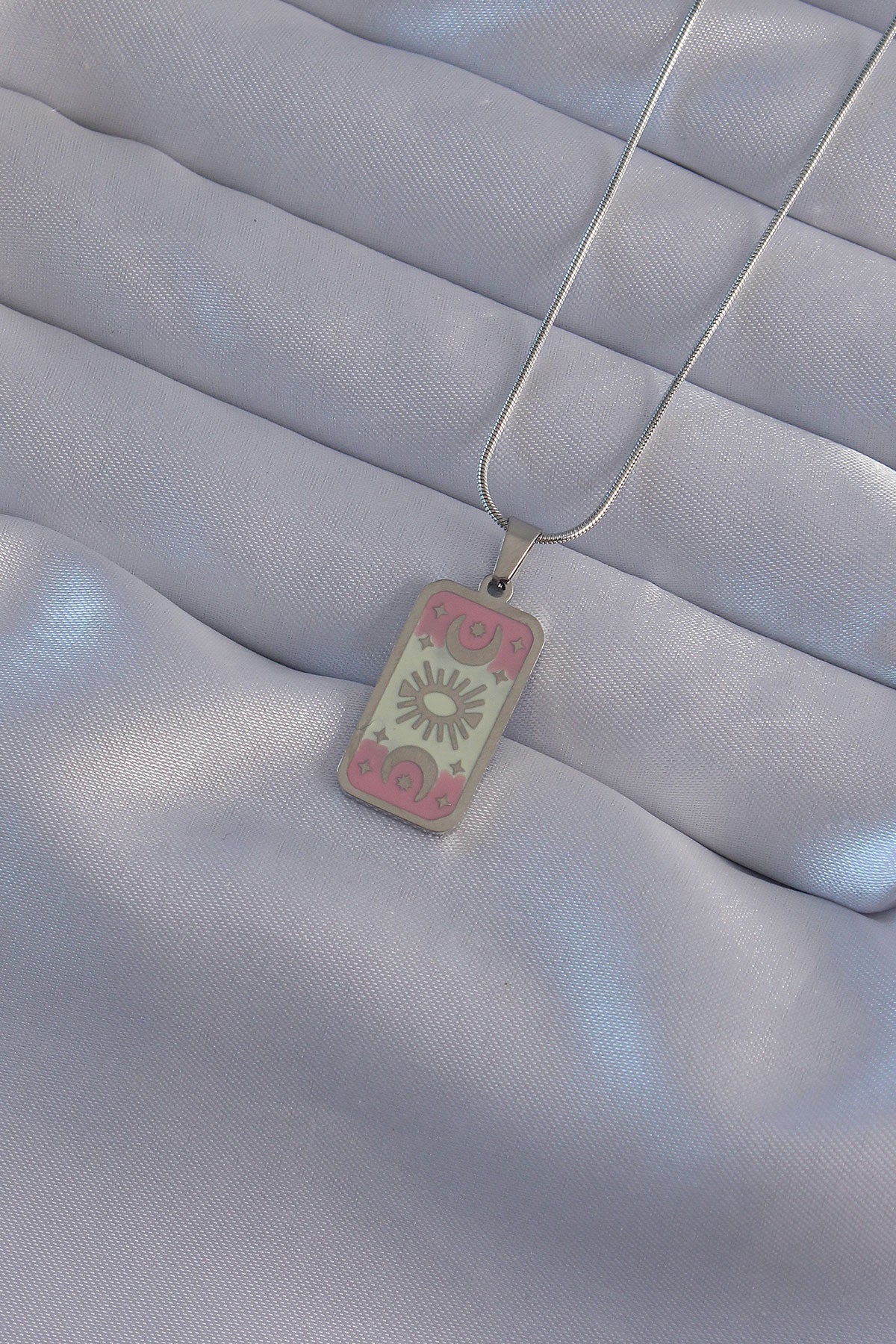 316L Steel Silver Color Pink Enamel Moon Figure Tarot Necklace