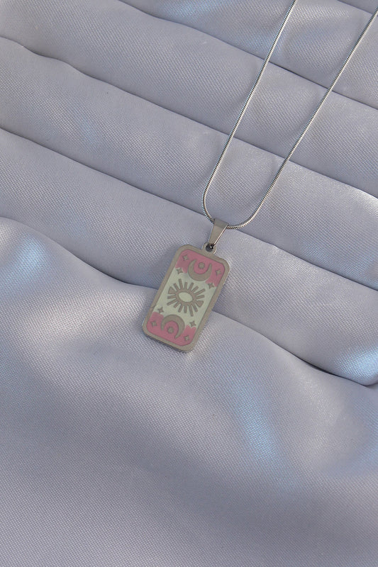 316L Steel Silver Color Pink Enamel Moon Figure Tarot Necklace