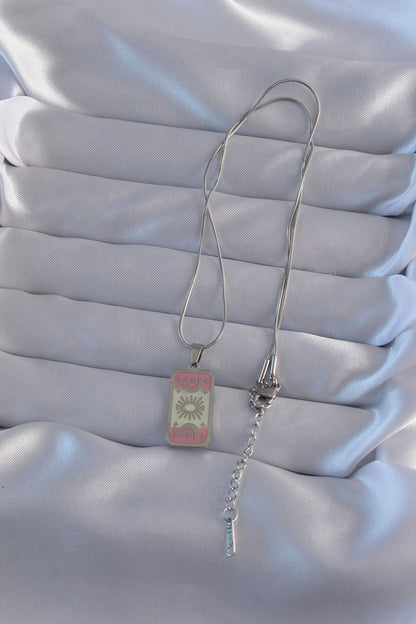316L Steel Silver Color Pink Enamel Moon Figure Tarot Necklace