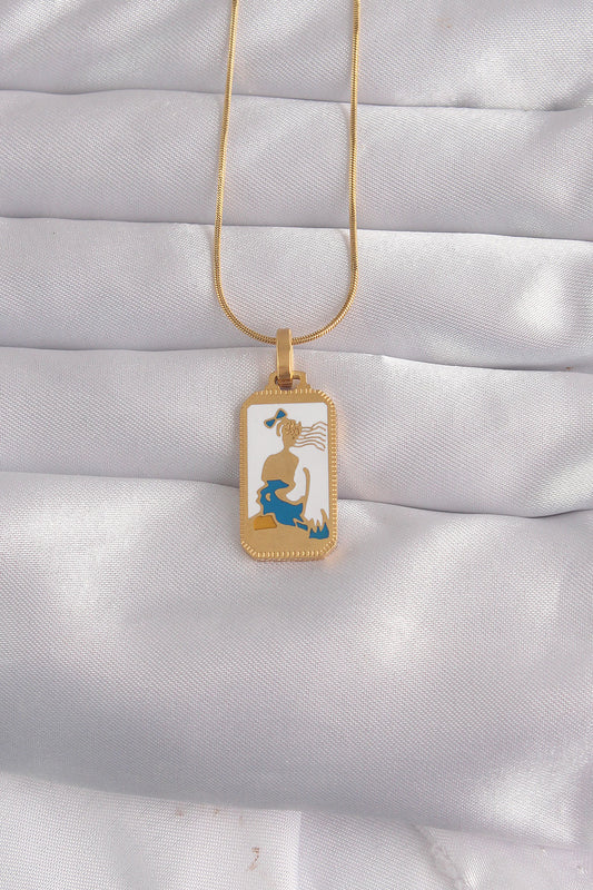316L Steel Gold Color White Enamel Girl Figure Tarot Necklace