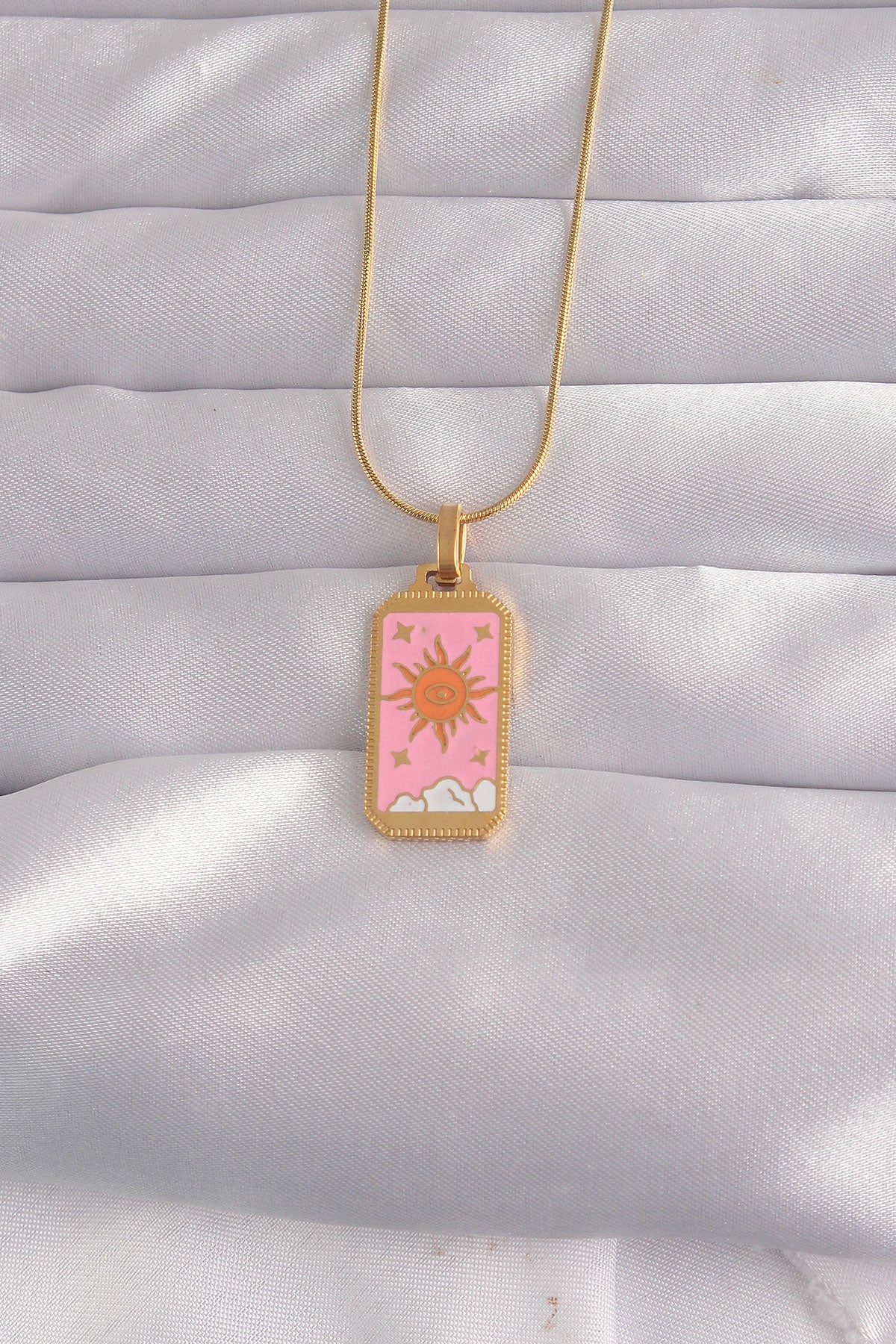 316L Steel Gold Color Pink Enamel Sun Model Tarot Necklace