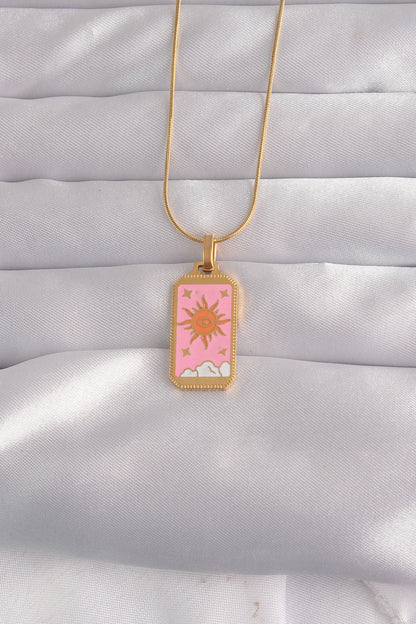 316L Steel Gold Color Pink Enamel Sun Model Tarot Necklace