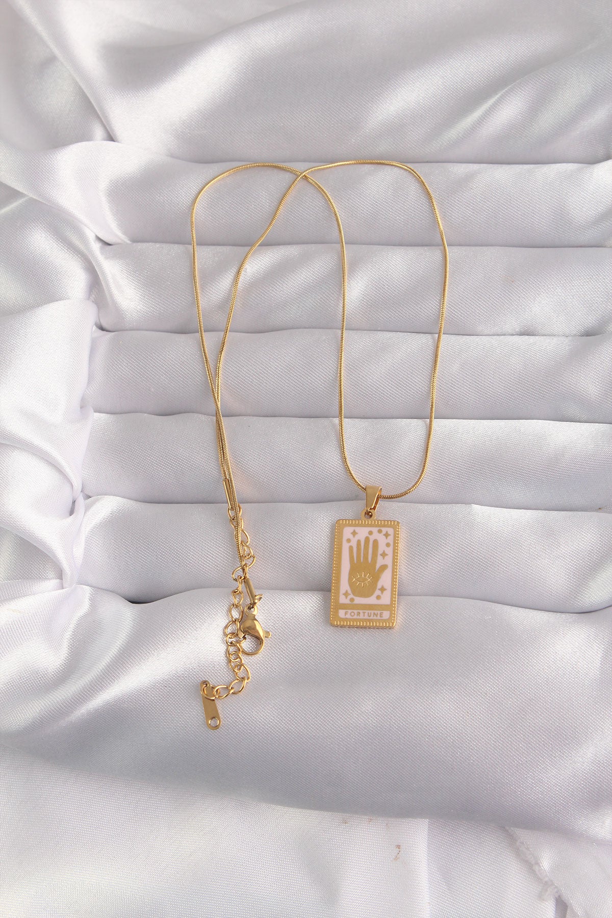 316L Steel Gold Color Pink Enameled Hand Figure Tarot Necklace