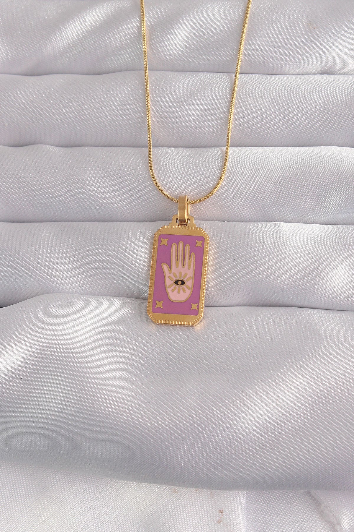 316L Steel Gold Color Purple Enameled Hand Figure Tarot Necklace