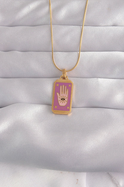 316L Steel Gold Color Purple Enameled Hand Figure Tarot Necklace