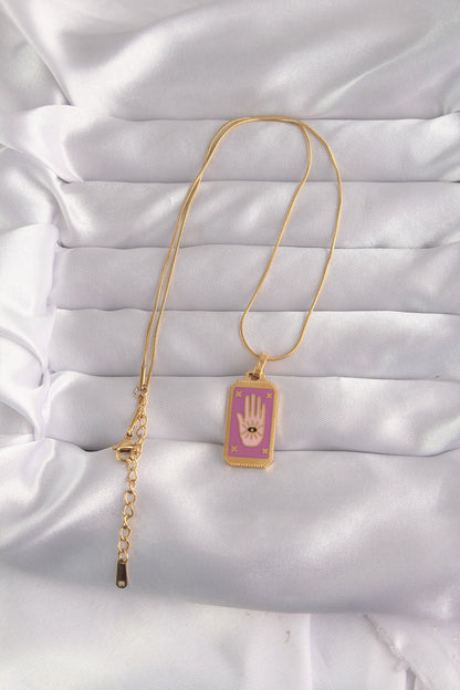 316L Steel Gold Color Purple Enameled Hand Figure Tarot Necklace