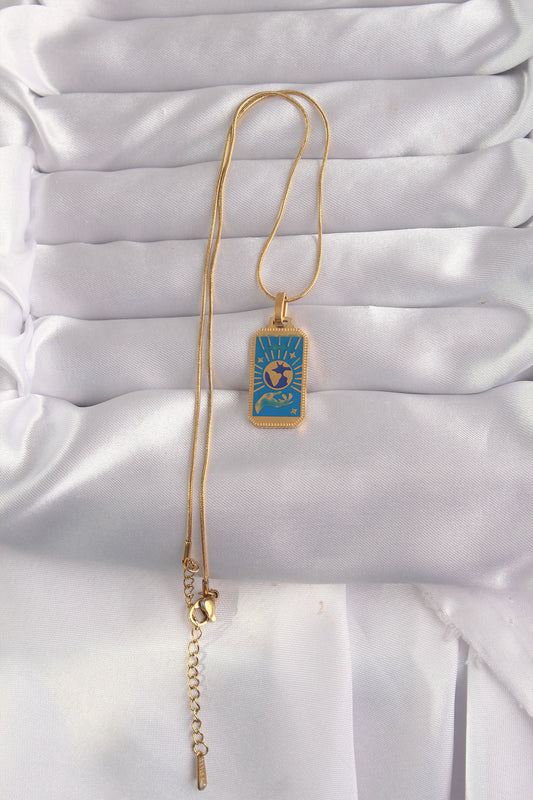 316L Steel Gold Color Blue Enameled Hand Figure Tarot Necklace