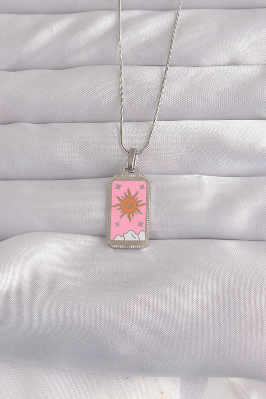 316L Steel Silver Color Pink Enamel Sun Model Tarot Necklace