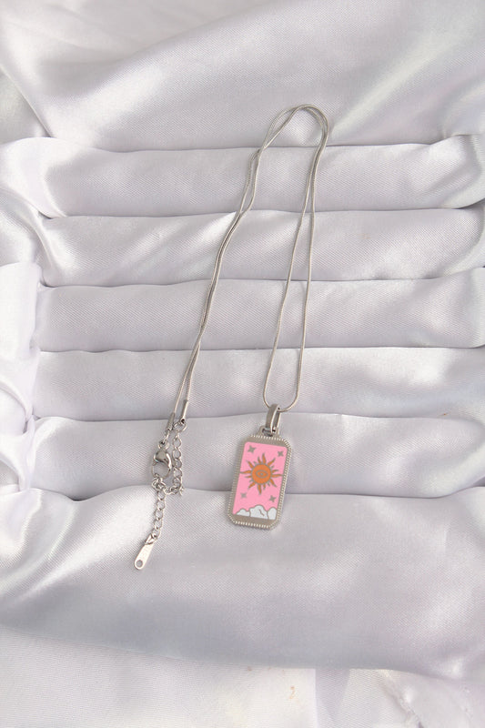 316L Steel Silver Color Pink Enamel Sun Model Tarot Necklace