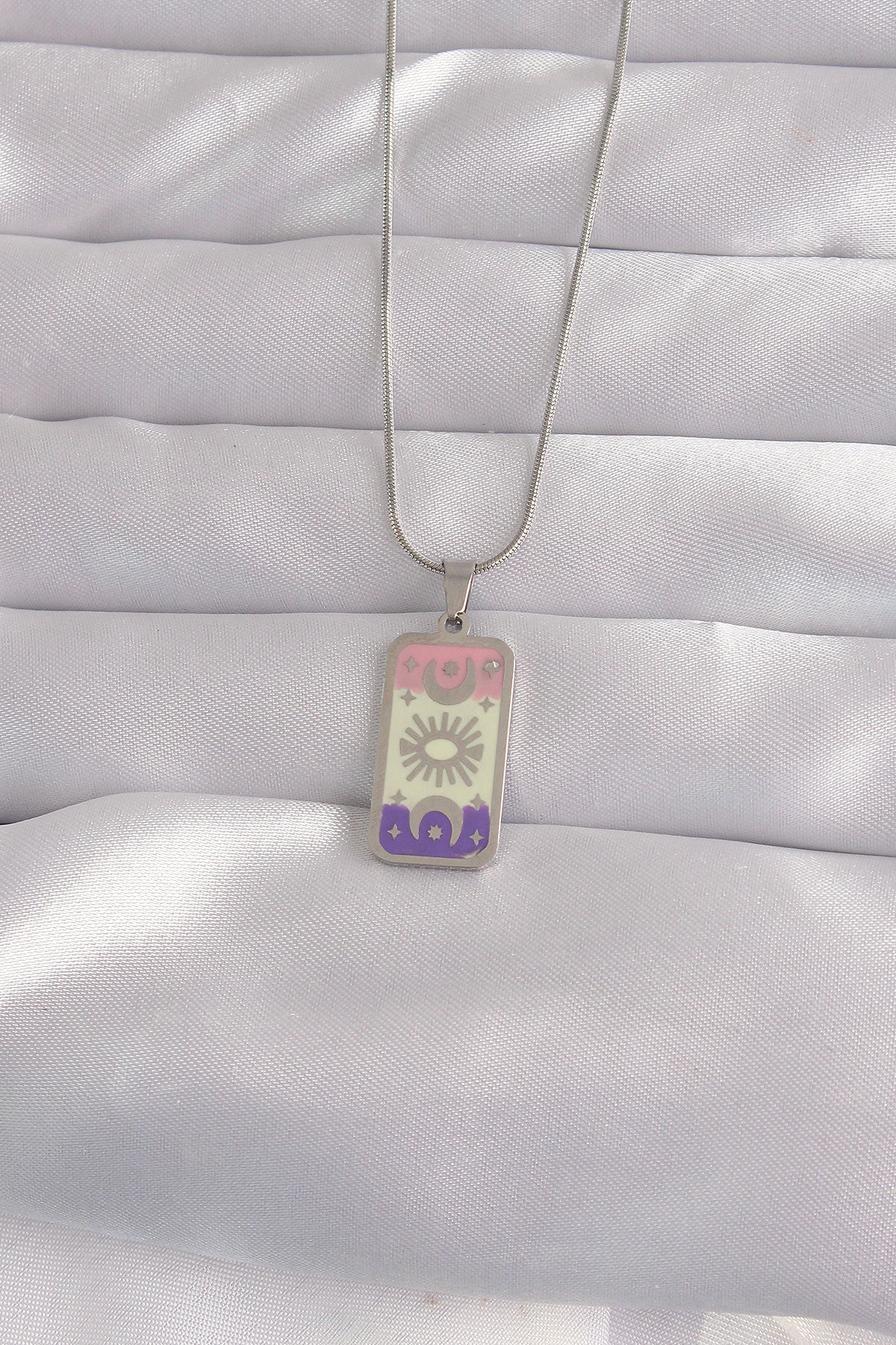 316L Steel Silver Color Mixed Enamel Moon Figure Tarot Necklace