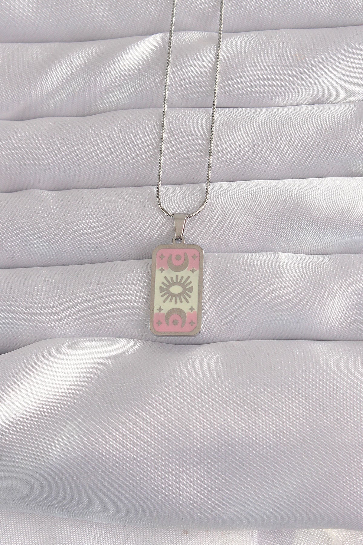 316L Steel Silver Color Pink Enamel Moon Figure Tarot Necklace