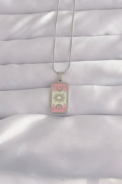 316L Steel Silver Color Pink Enamel Moon Figure Tarot Necklace