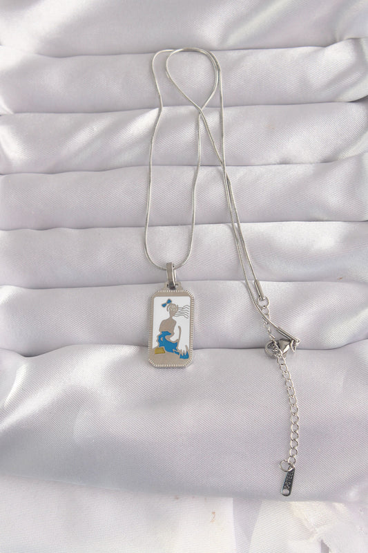 316L Steel Silver Color White Enamel Girl Figure Tarot Necklace