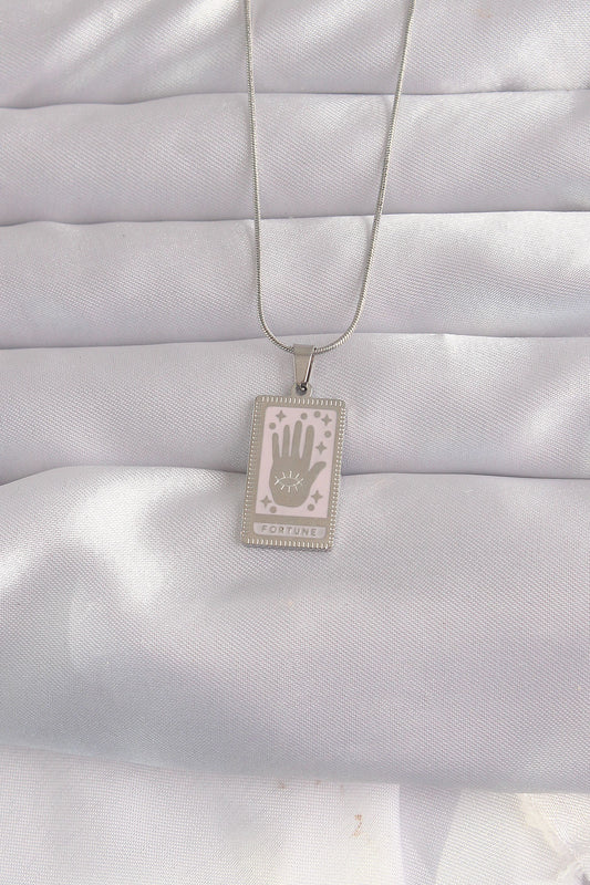 316L Steel Silver Color Pink Enameled Hand Figure Tarot Necklace