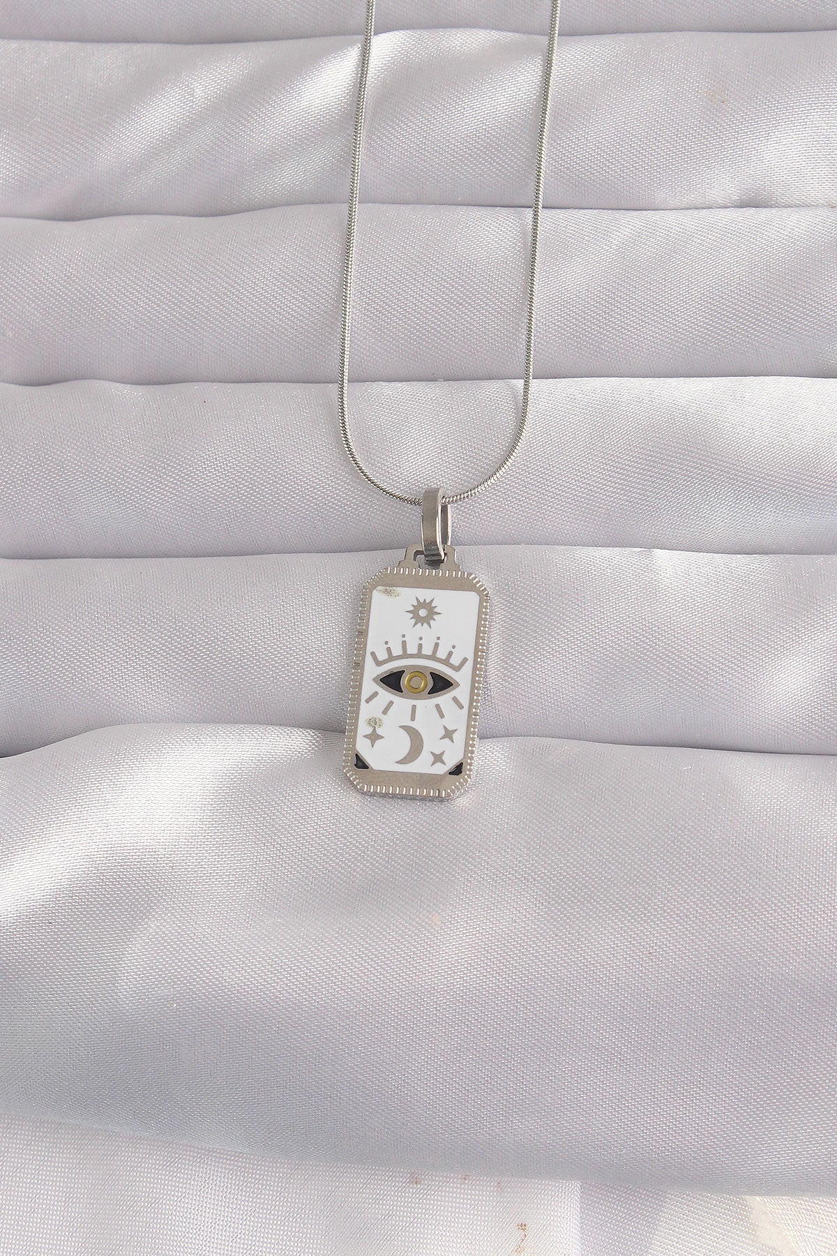 316L Çelik Gümüş Renk Beyaz Mineli Göz Figür Tarot Kolye