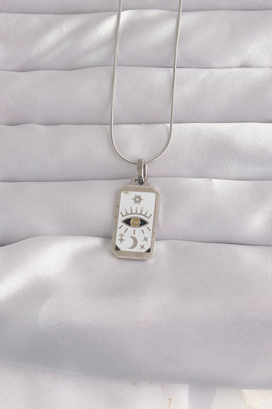 316L Çelik Gümüş Renk Beyaz Mineli Göz Figür Tarot Kolye