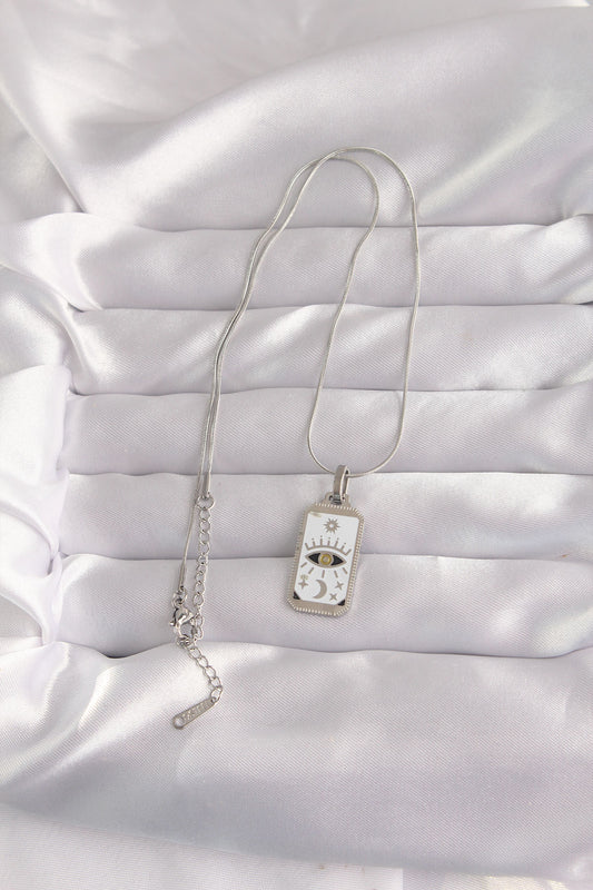 316L Steel Silver Color White Enamel Eye Figure Tarot Necklace