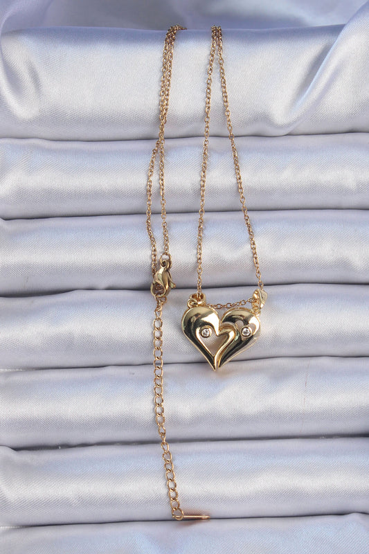 316L Steel Chain Gold Color Zircon Stone Magnetic Heart Necklace