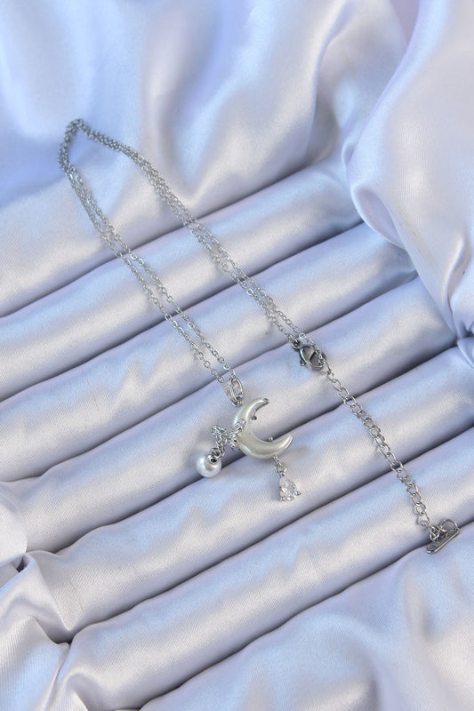 316L Steel Chain Silver Color Zircon Stone Butterfly Enamel Moon Necklace