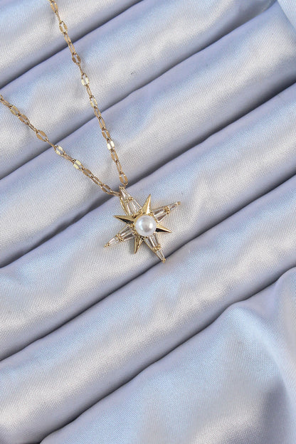 316L Steel Chain Gold Color Baguette Stone Pearl Detail Polar Star Necklace