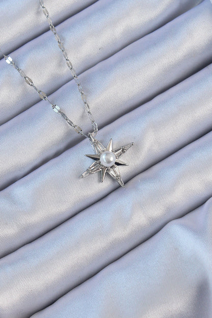 316L Steel Chain Silver Color Baguette Stone Pearl Detail Polar Star Necklace