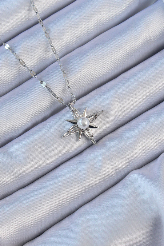 316L Steel Chain Silver Color Baguette Stone Pearl Detail Polar Star Necklace