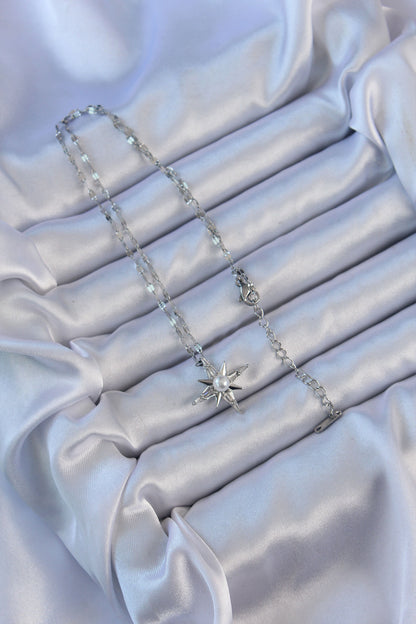 316L Steel Chain Silver Color Baguette Stone Pearl Detail Polar Star Necklace